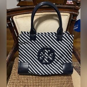 Tory Burch Ella Tote Tory Navy and White Stripe